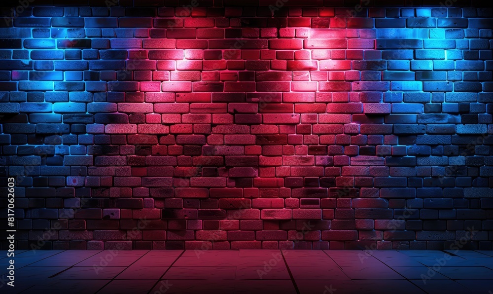 Red and Blue Neon Lights Illuminating a Brick Wall Texture Background Red and Blue Neon Lights Illuminating a Brick Wall Texture Background