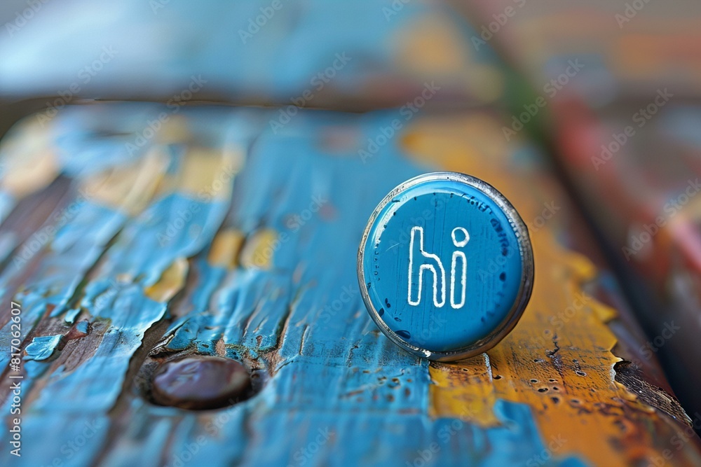 Blue and yellow paint on a wooden bench with a number six Blue and yellow paint on a wooden bench with a number six