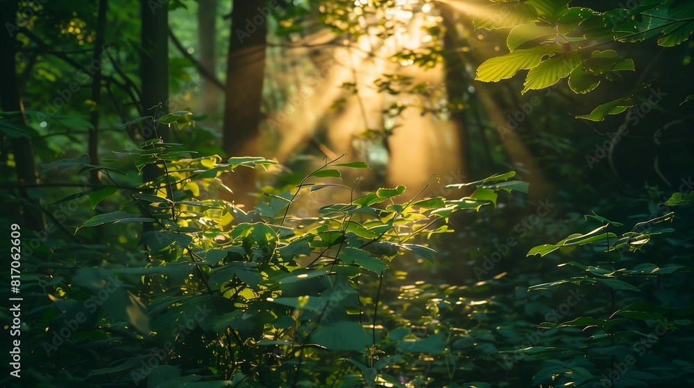 Majestic rays of sunlight breaking through the leaves in a green forest Majestic rays of sunlight breaking through the leaves in a green forest