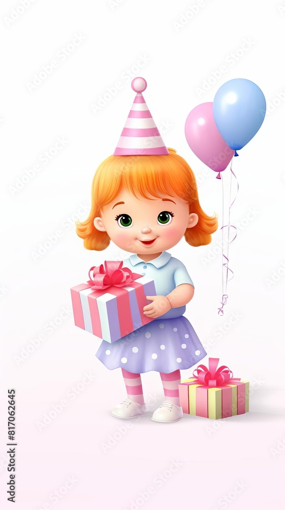 A cute girl character illustration with a birthday hat watercolor tone, pastel, 3D Animator A cute girl character illustration with a birthday hat watercolor tone, pastel, 3D Animator