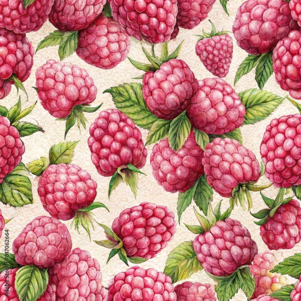 Watercolor raspberries in seamless pattern Watercolor raspberries in seamless pattern