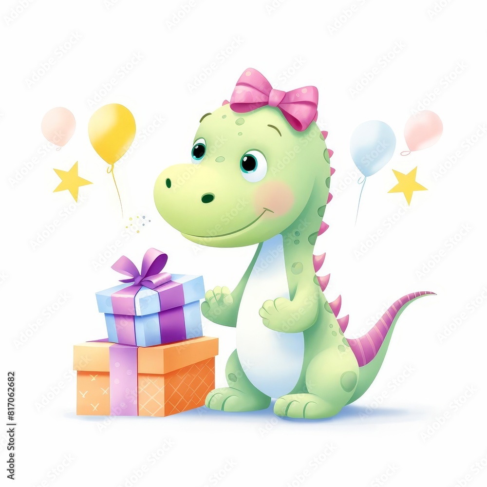 Cute Dinosaur with Birthday Present, Watercolor Pastel 3D Animation Cute Dinosaur with Birthday Present, Watercolor Pastel 3D Animation