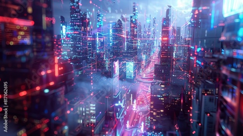 Neon-lit streets and holographic skyscrapers in abstract skyline background