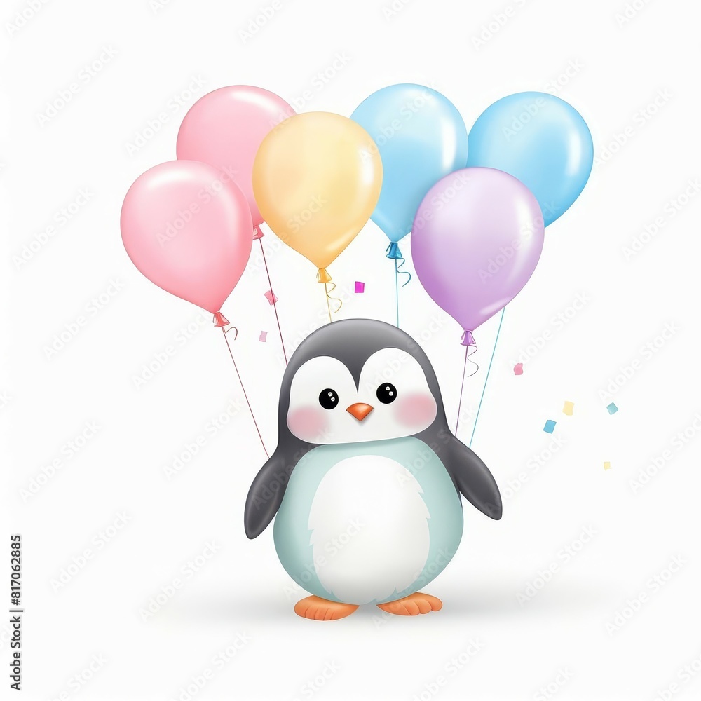 Fototapeta premium A birthday watercolor illustration of a cute penguin with balloons 
