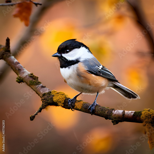 black capped chickadee,Close up portrait of a Black-capped chickadee (Poecile atricapillus) perched on a dead tree branch during early spring. Selective focus, background blur and foreground ,generate photo
