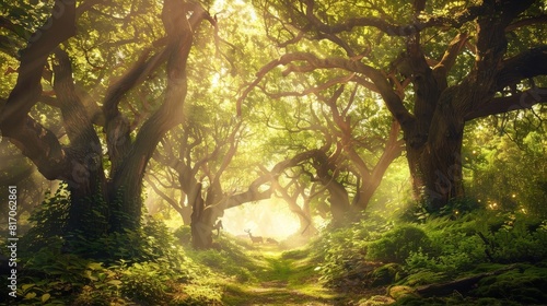 Secretive forest realm with towering trees   ancient myths background