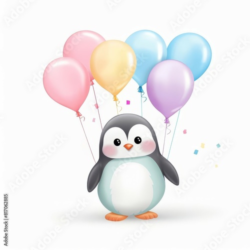 A birthday watercolor illustration of a cute penguin with balloons 