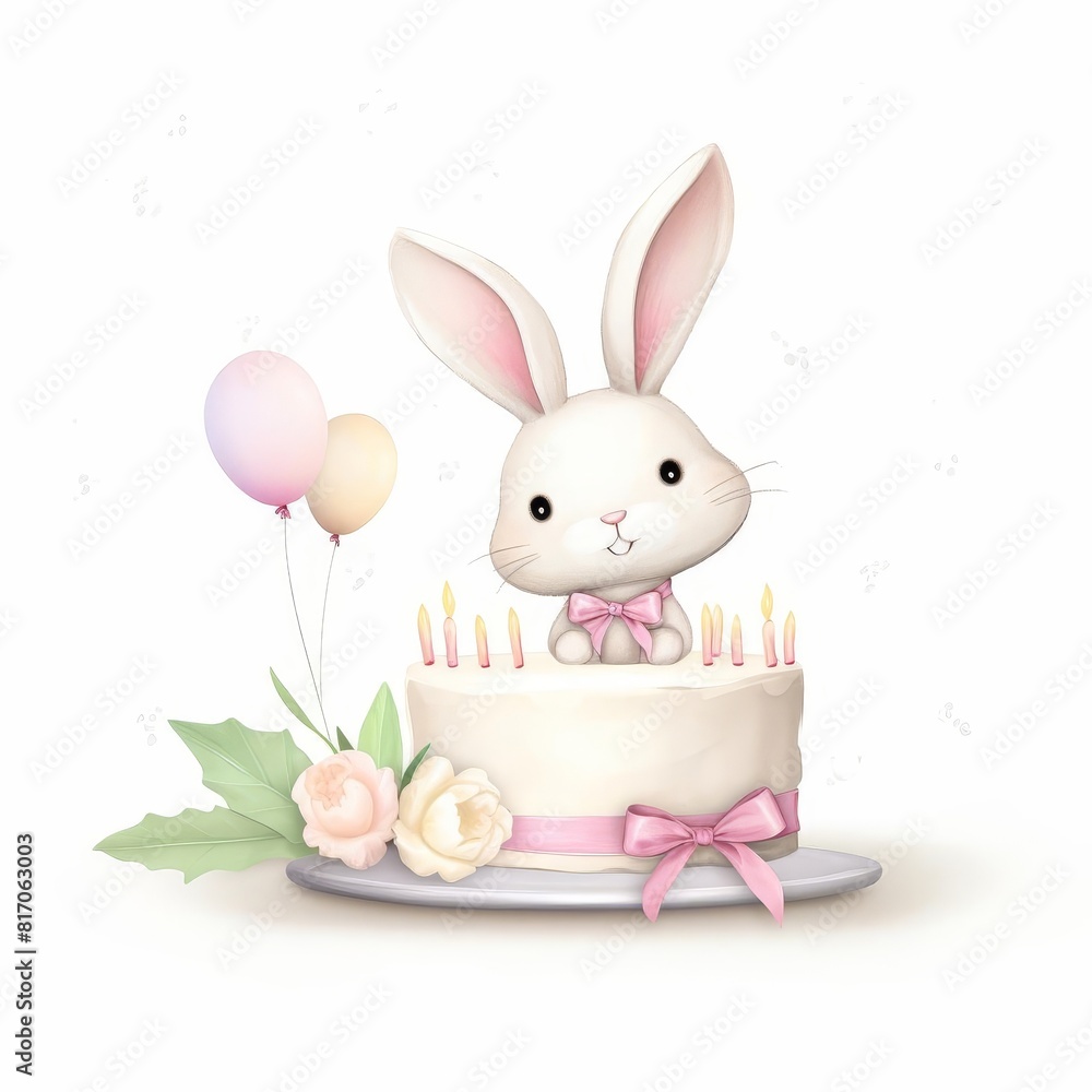 Cute birthday bunny with a cake watercolor tone, pastel, 3D Animator Cute birthday bunny with a cake watercolor tone, pastel, 3D Animator
