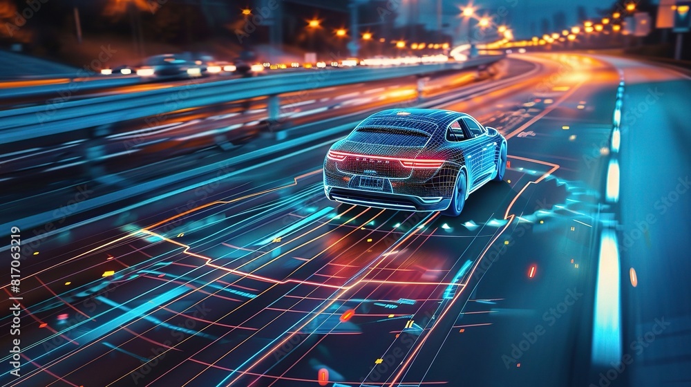 Experience the freedom of the road with self-driving cars, Red taillights blur on a dark city street, painting streaks of light across the evening cityscape Experience the freedom of the road with self-driving cars, Red taillights blur on a dark city street, painting streaks of light across the evening cityscape