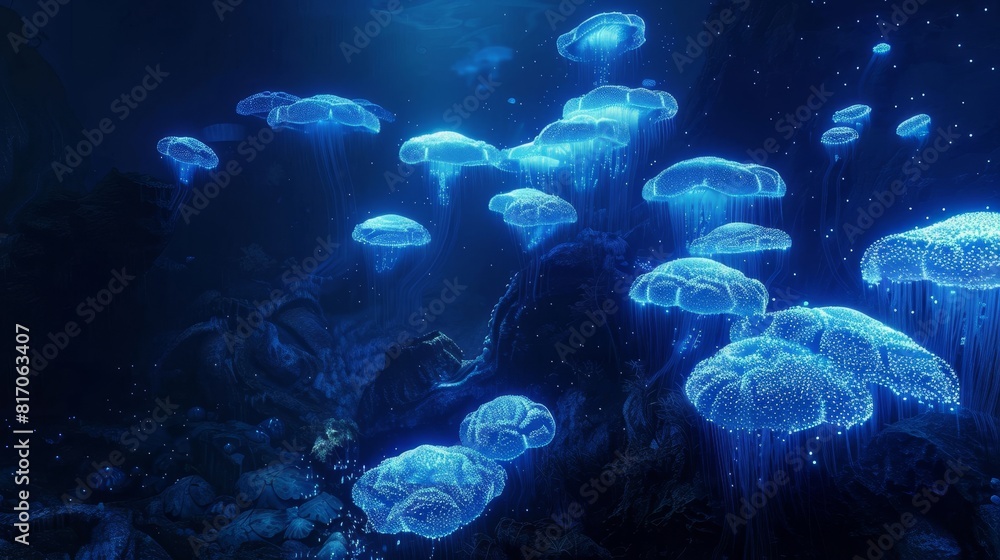 Fototapeta premium Bioluminescent organisms in a mysterious ocean scene background