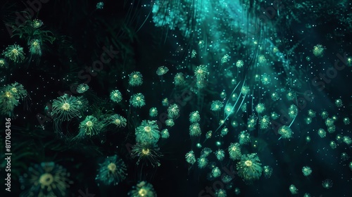 Bioluminescent organisms softly glowing in dark waters background photo