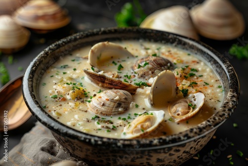 Comforting serving of clam chowder with crusty bread and fresh parsley