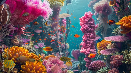 Vibrant surreal coral reef with exotic fish and strange structures background