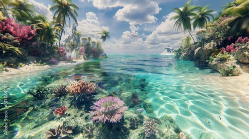 Tropical paradise  palm-fringed beaches crystal-clear waters vibrant coral reefs teeming with life background