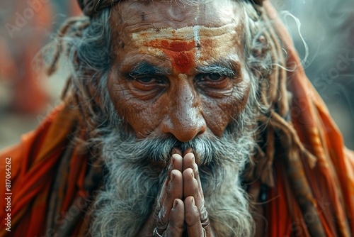 Portrait of a praying old Indian man with long white beard and red dot on his forehead