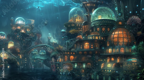 Fantastical cityscape  buildings shaped like seashells coral reefs and underwater caverns illuminated by bioluminescent algae background