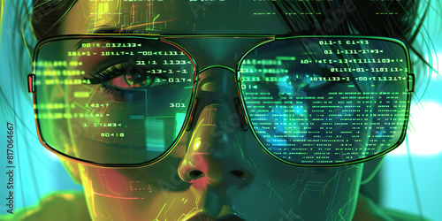  A Cyberpunk Hacker Navigator: Eyes Behind Mirrored Shades, Memorizing Lines of Code in a Binary World photo