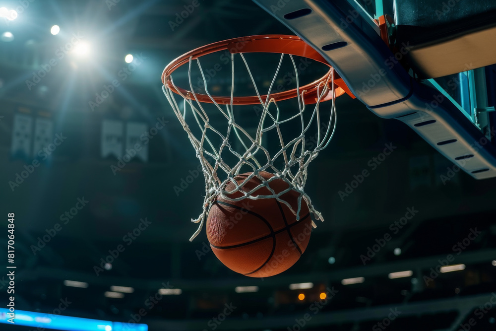 A basketball is in the air, about to go through a hoop, sport concept A basketball is in the air, about to go through a hoop, sport concept
