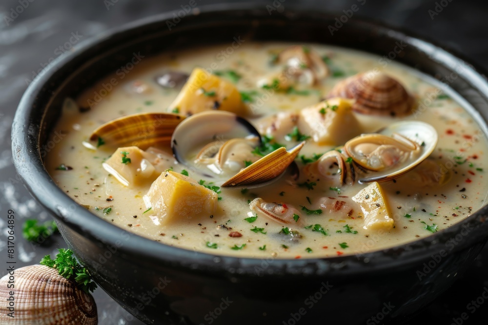 Savory serving of seafood chowder with clams and parsley Savory serving of seafood chowder with clams and parsley