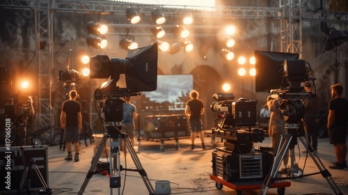 'Behind-the-scenes view of a film crew setting up lighting equipment on set' 