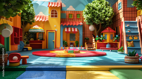 'Children’s TV show set with bright, colorful playground-like elements and props'  © fotogurmespb