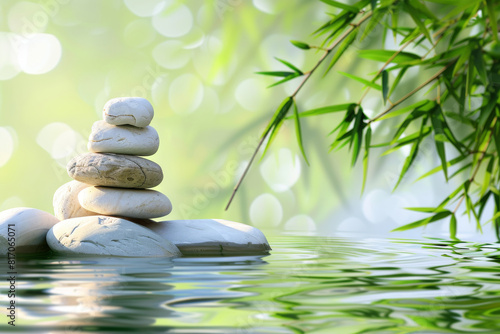 Ripples water with a few rocks pebble and green bamboo  spa concept serene background