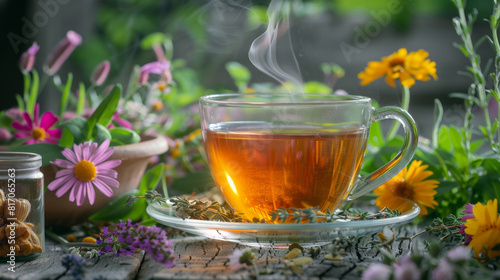 A cup of herbal tea on a wooden table with a variety of flowers and herbs