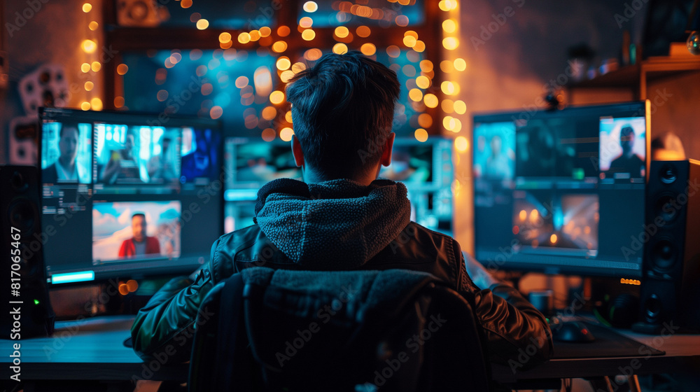 'Film editor at work in a dark studio filled with monitors showing footage' 'Film editor at work in a dark studio filled with monitors showing footage'