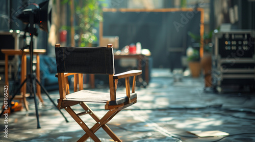 'Empty director’s chair with the name tag, on set during a break, soft focus' 