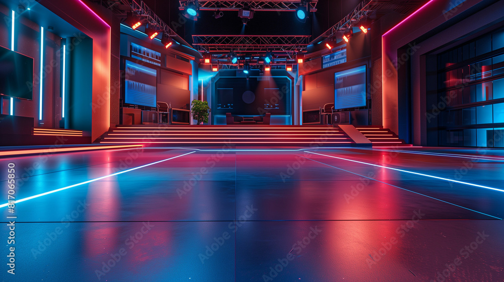 'News studio floor with markings and lights, ready for the next live segment' 'News studio floor with markings and lights, ready for the next live segment'