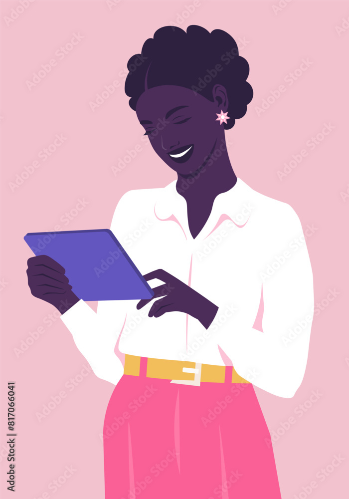 Happy African woman is standing and sending messages with tablet. Smiling teacher using education app. Vector flat illustration Happy African woman is standing and sending messages with tablet. Smiling teacher using education app. Vector flat illustration