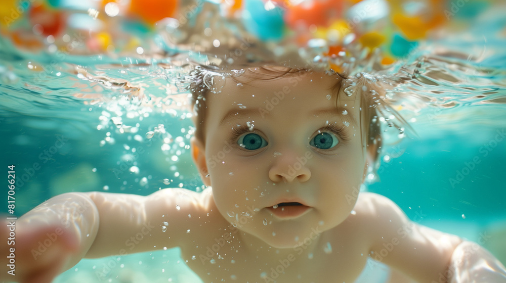 'Underwater scene of a baby swimming towards a colorful underwater toy, vibrant aquatic backdrop' 