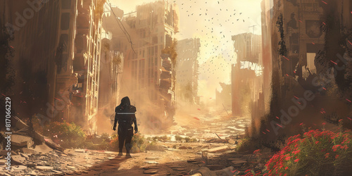 desolate future, an augmented wanderer navigates the decayed cityscape, their tech-infused vision offering a flicker of renewal amidst the devastation. photo