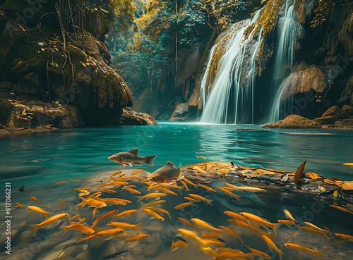 Beautiful waterfall in tropical rain forest with turquoise water pool and school of fish, Erawan national park konyai indochina thailand 