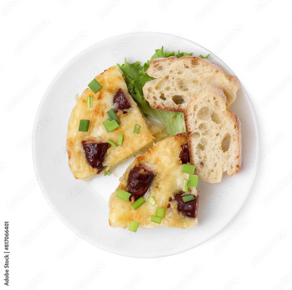 Tasty sausage casserole with green onion and bread isolated on white, top view Tasty sausage casserole with green onion and bread isolated on white, top view