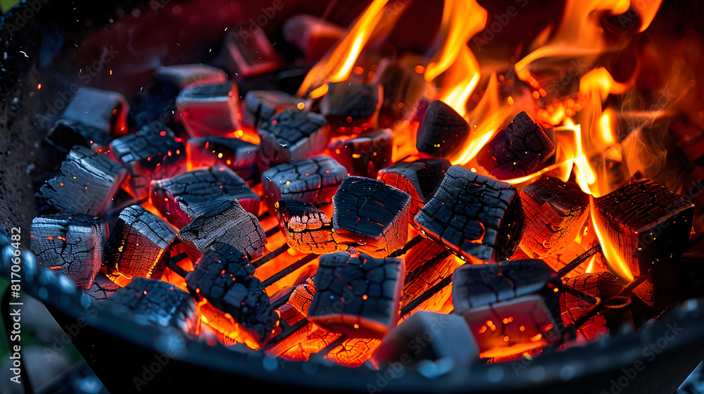 Barbecue Grill Pit With Glowing And Flaming Hot Charcoal Briquettes, Close-Up Barbecue Grill Pit With Glowing And Flaming Hot Charcoal Briquettes, Close-Up