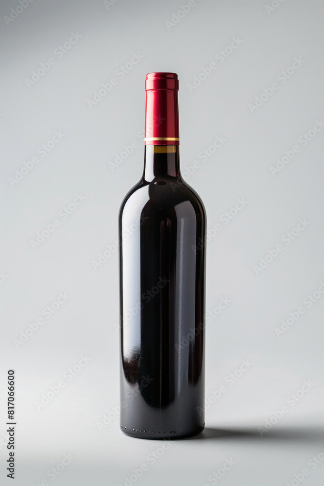Isolated red wine bottle on light gray background. Blank bottle with no label. Classic design with red foil top. Isolated red wine bottle on light gray background. Blank bottle with no label. Classic design with red foil top.