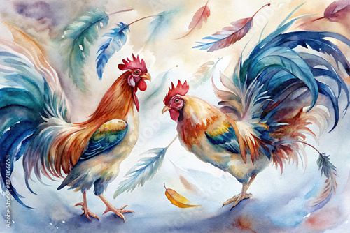 Watercolor artwork showcasing two roosters in a fierce showdown, feathers flying © Woonsen