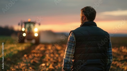Man with short brown hair,and a black vest is walking on his agricultural field in the evening,with tractor in the background,lights on tractor are turned