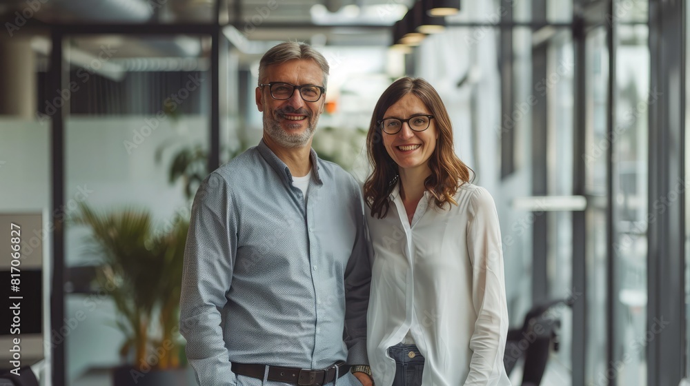 Portrait of two business people standing in an office 