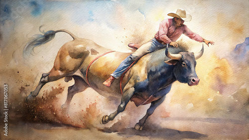 This watercolor masterpiece captures the essence of bull riding, with bold strokes depicting the struggle between man and beast in the electrifying atmosphere of the rodeo.