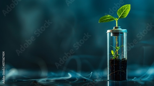 Wallpaper Mural A green plant sprouting out from battery like glass jar, green energy concept, future tech, bioluminescence Torontodigital.ca