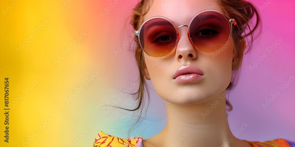 Stylish woman wearing oversized sunglasses in front of a retro pastel summer background. Concept Fashion Photoshoot, Retro Vibes, Summer Style, Vibrant Colors, Sunglasses Trend Stylish woman wearing oversized sunglasses in front of a retro pastel summer background. Concept Fashion Photoshoot, Retro Vibes, Summer Style, Vibrant Colors, Sunglasses Trend