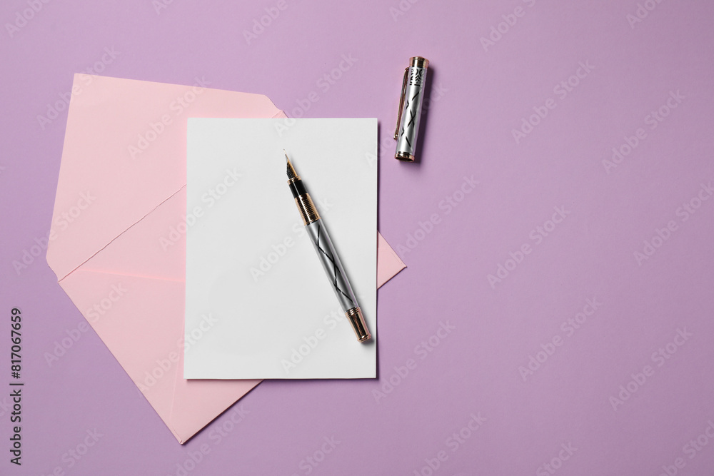 Blank sheet of paper, letter envelope and pen on violet background, top view. Space for text Blank sheet of paper, letter envelope and pen on violet background, top view. Space for text