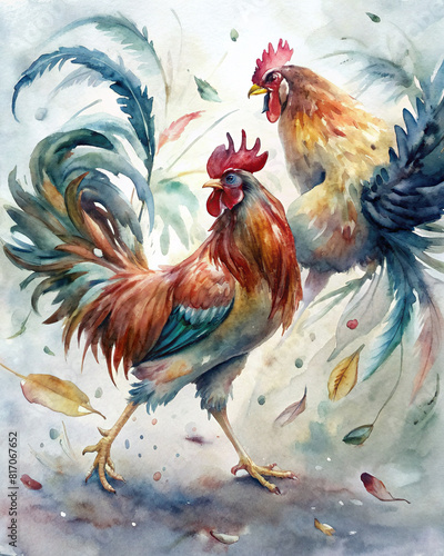 Watercolor artwork depicting the brutality of cockfighting, with feathers strewn around © Woonsen