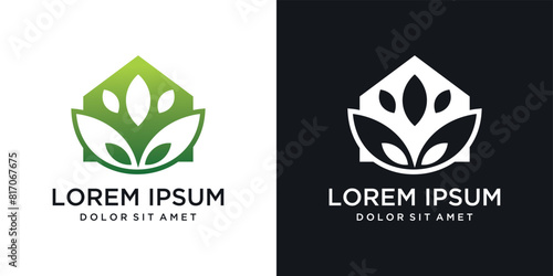 Green house nature logo design, leaf concept at home. inspirationAbstract leaf house logo