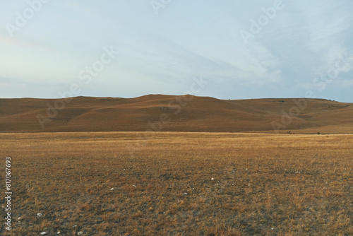 Scenic landscape with rolling hills, grassy plains, and lone horse in the field nature travel adventuretexture, scenery, serenity, beauty, wilderness, environment, peaceful, tranquil, peaceful, serene