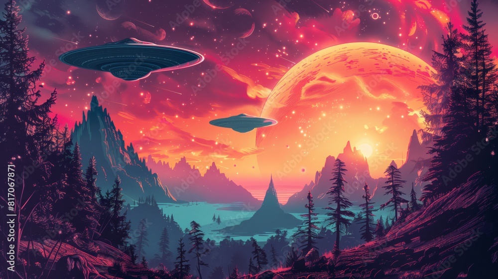 UFOs flying in the sky over a dense forest, mysterious lights illuminating the night UFOs flying in the sky over a dense forest, mysterious lights illuminating the night