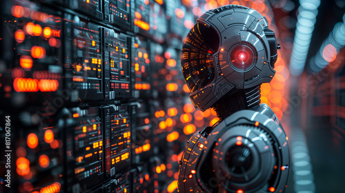 A futuristic robot with glowing red eyes standing in a high-tech data center, surrounded by servers emitting orange light
