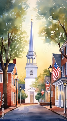 Watercolor scene of the Old North Church with a lantern signal glowing majestically in the backdrop, ideal for Independence Day